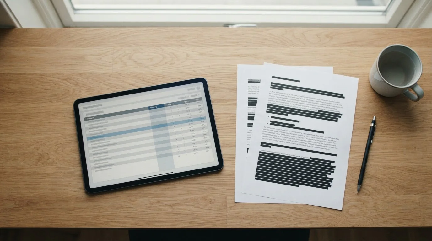 Übersicht von Dokumenten und Tablet mit Anbieterliste auf hellem Untergrund
