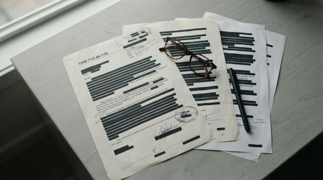 Offizielle Dokumente und Lizenzunterlagen auf Schreibtisch mit Lesebrille