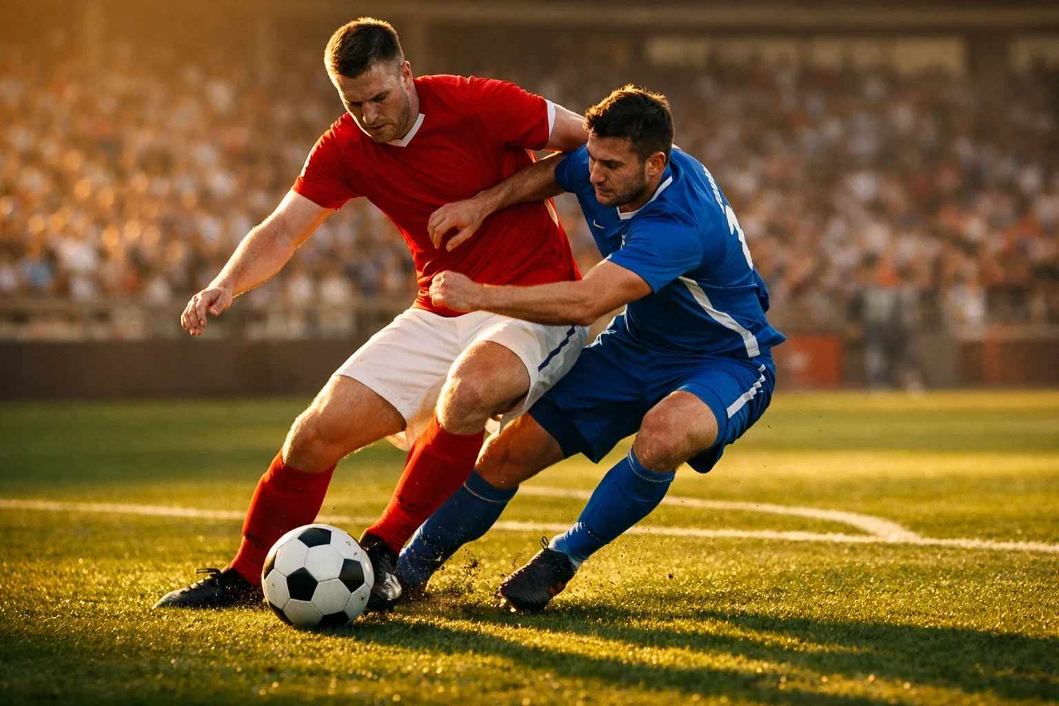 Fußballspieler beim Zweikampf auf grünem Rasen während eines Spiels