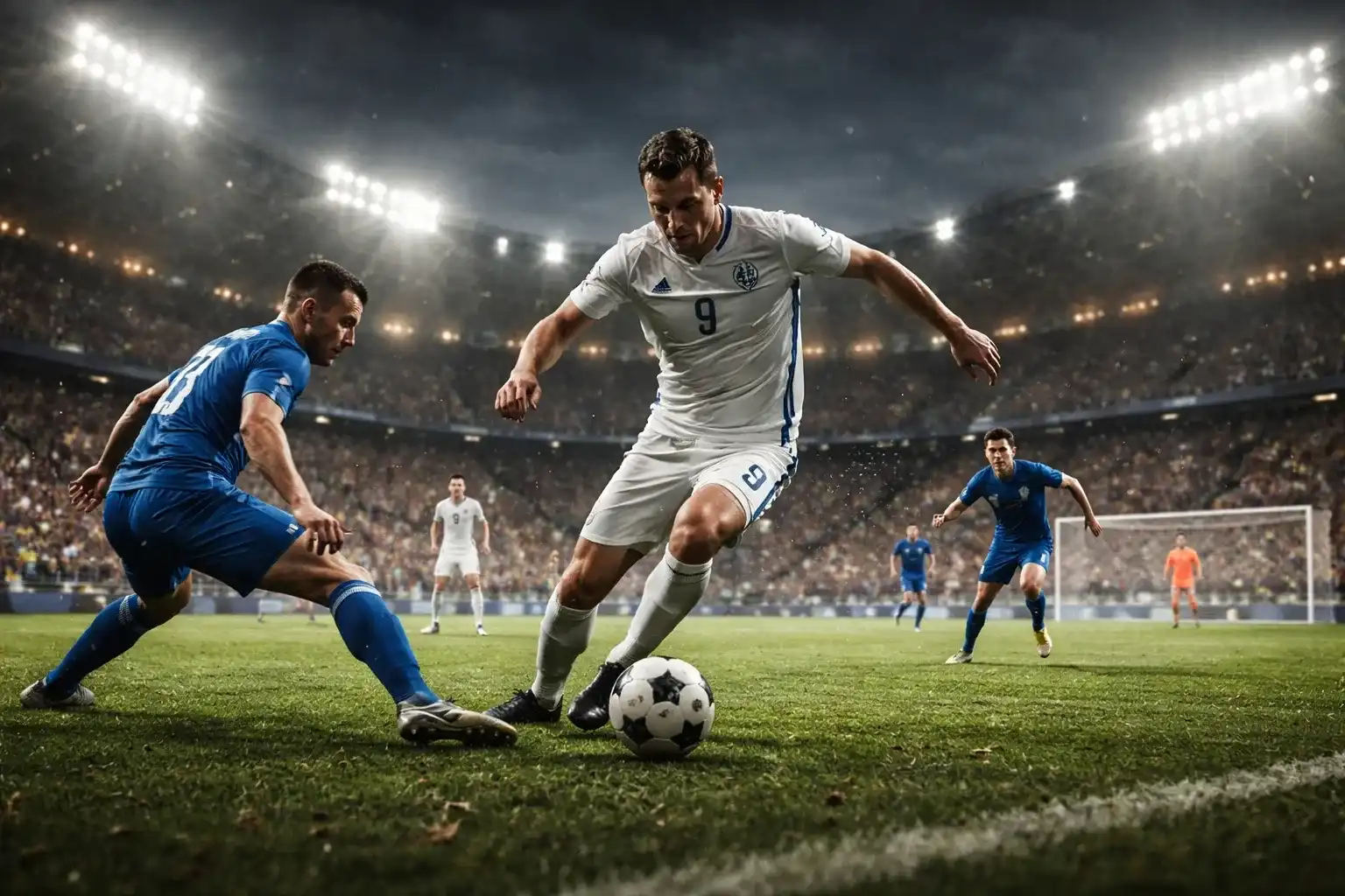 Spannender Moment im Fußballstadion während eines Abendspiels