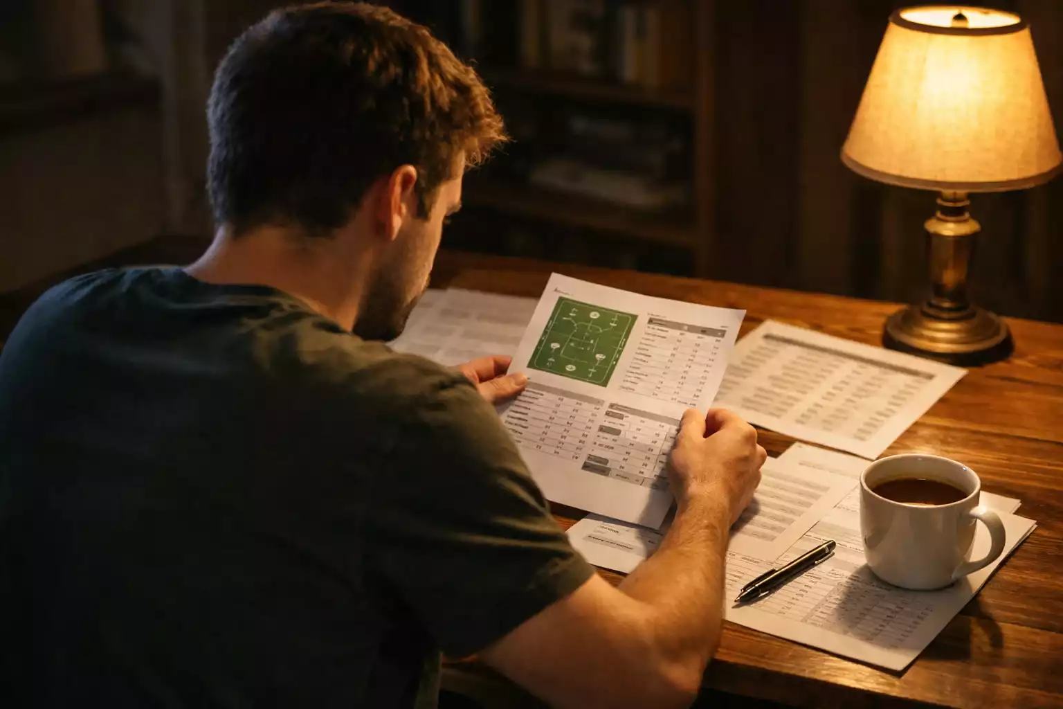 Erfahrener Wettanalyst studiert Fußballstatistiken am Schreibtisch
