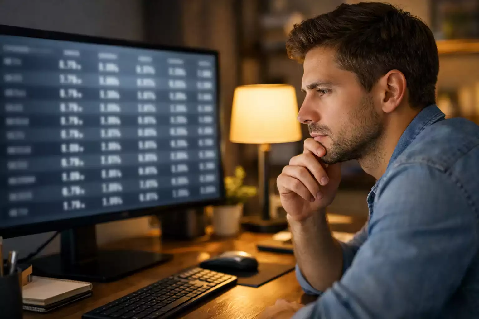 Konzentrierter Analyst studiert Wettquoten auf dem Bildschirm