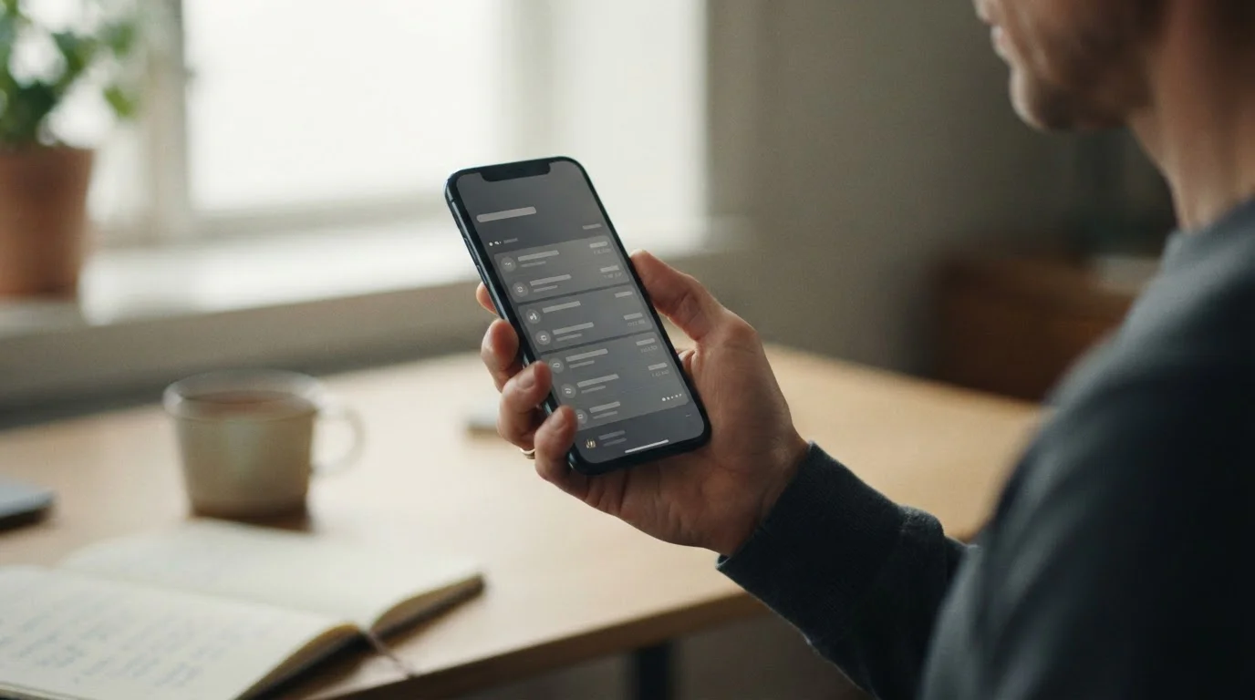 Hand hält Smartphone mit abstraktem Kontoauszug, Transaktionszeilen sichtbar
