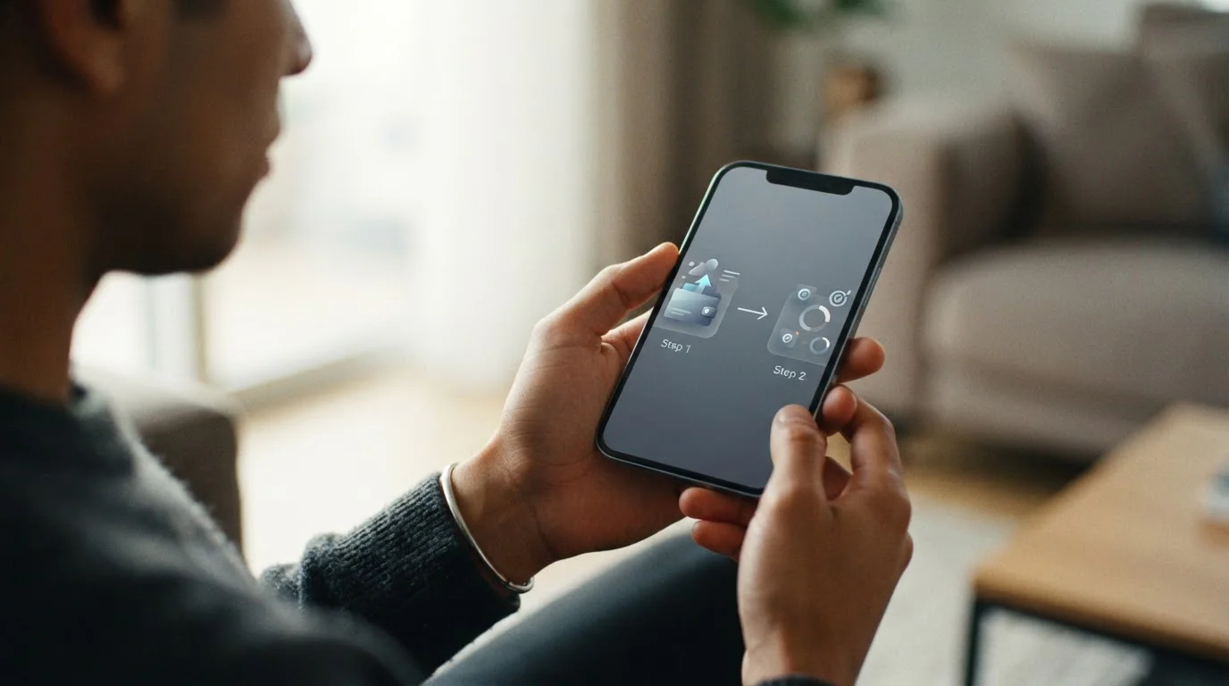 Zwei-Schritt-Prozess einer Krypto-Wetteinzahlung auf abstraktem Smartphone-Display