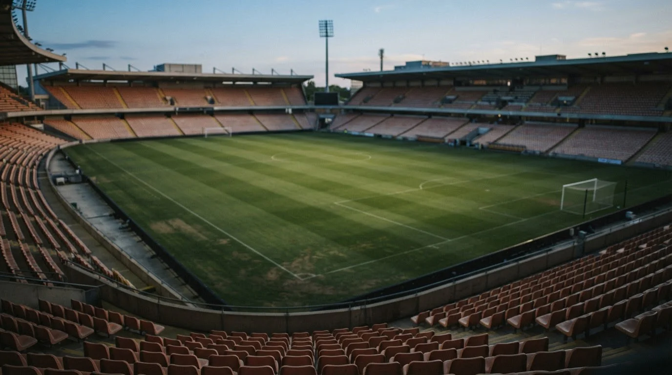 Fußballstadion mit Blick auf den Rasen bei warmem Tageslicht