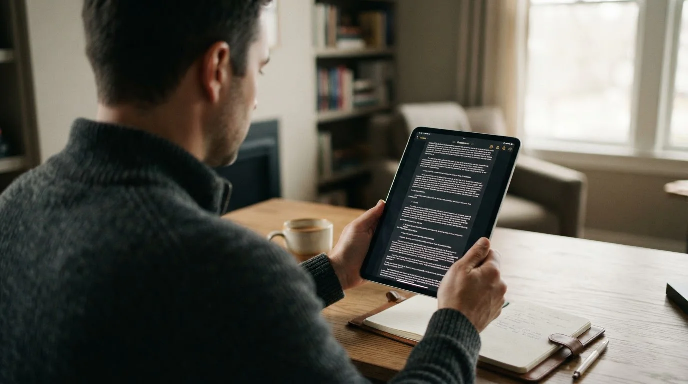 Person liest rechtliche Informationen auf einem Tablet