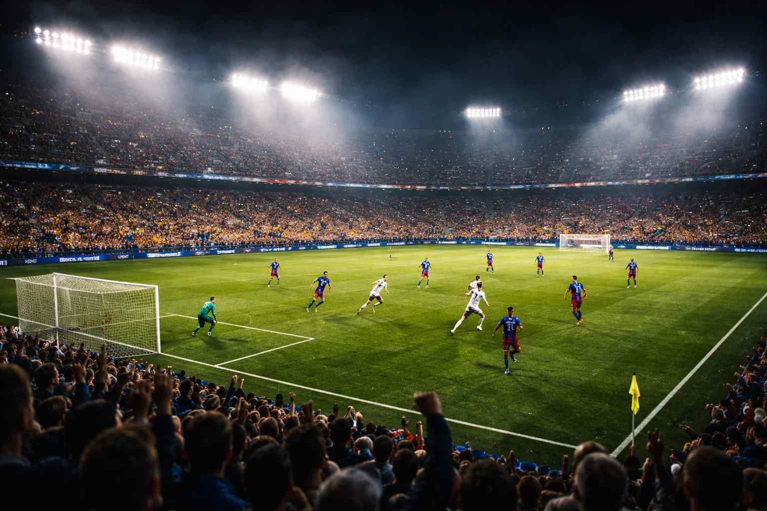 Spannendes Fußballspiel im vollen Stadion bei Flutlicht