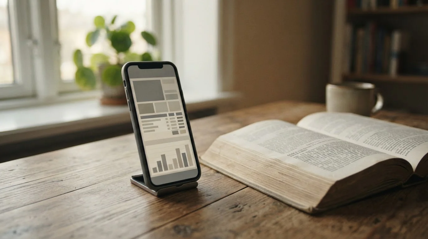 Smartphone mit abstraktem Interface neben geöffnetem Gesetzbuch