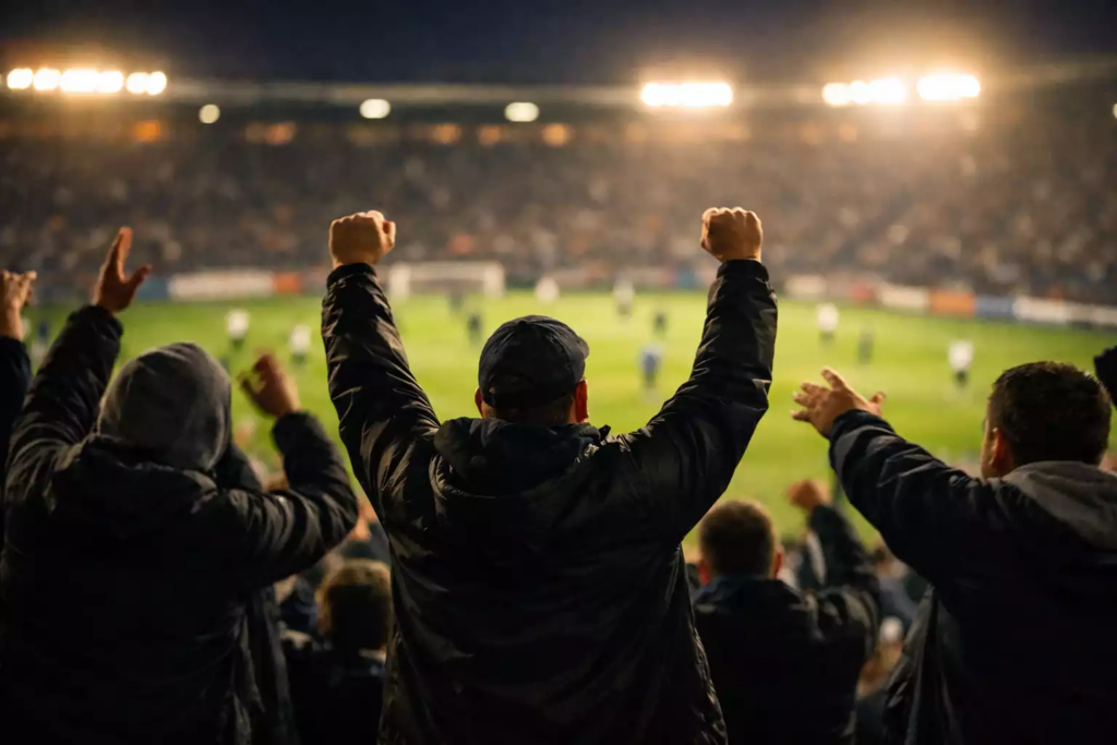 Fans im Stadion verfolgen ein Fußballspiel bei Flutlicht