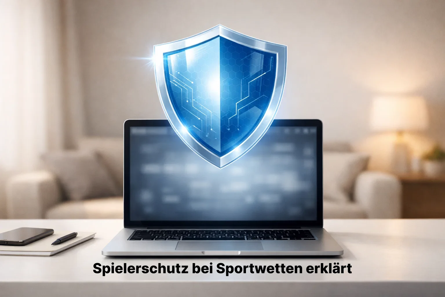 Digitaler Schutzschild über einem Laptop mit Sportwetten-Symbolen