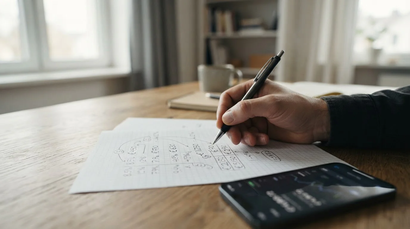 Handschriftliche Kalkulation mit Prozentsätzen und Beträgen auf kariertem Papier