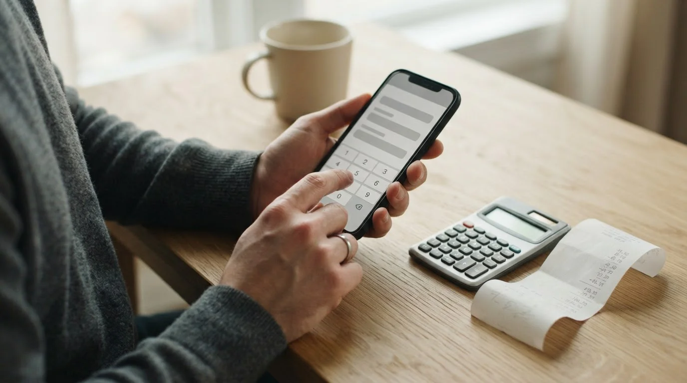 Hand tippt auf Smartphone mit neutralem Zahlungsformular und Taschenrechner daneben