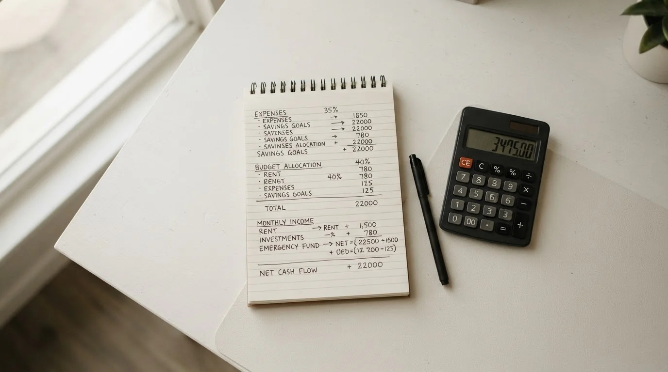 Taschenrechner und Notizblock mit handschriftlicher Berechnung von Einzahlungsbeträgen und Gebühren