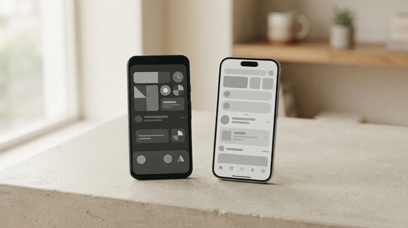 Android-Smartphone und iPhone nebeneinander auf neutralem Hintergrund