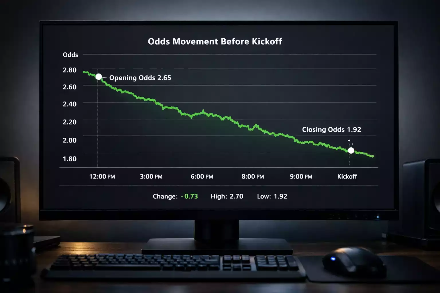 Bildschirm zeigt den zeitlichen Verlauf von Quotenänderungen vor einem Spiel