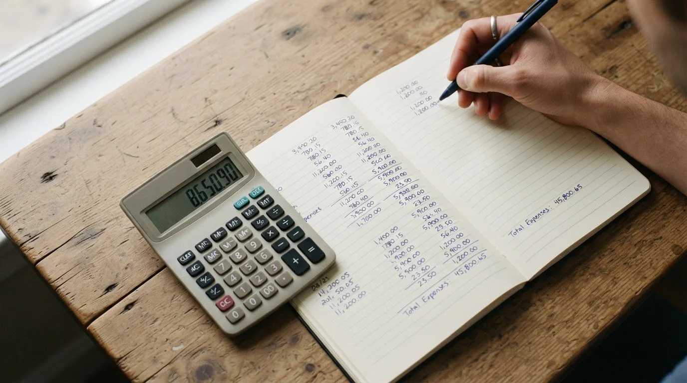 Taschenrechner und Notizblock mit handschriftlichen Berechnungen