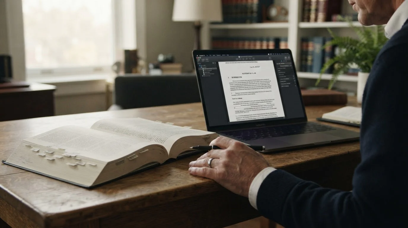 Aufgeschlagenes Gesetzbuch neben Laptop mit Paragrafentext in neutraler Arbeitsumgebung