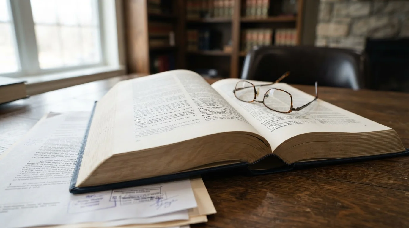 Offenes Gesetzbuch mit Paragrafenzeichen, juristische Dokumente auf Schreibtisch