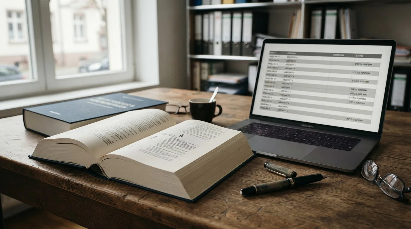 Paragrafenzeichen und Gesetzbuch neben Laptop mit abstrakter Regulierungstabelle