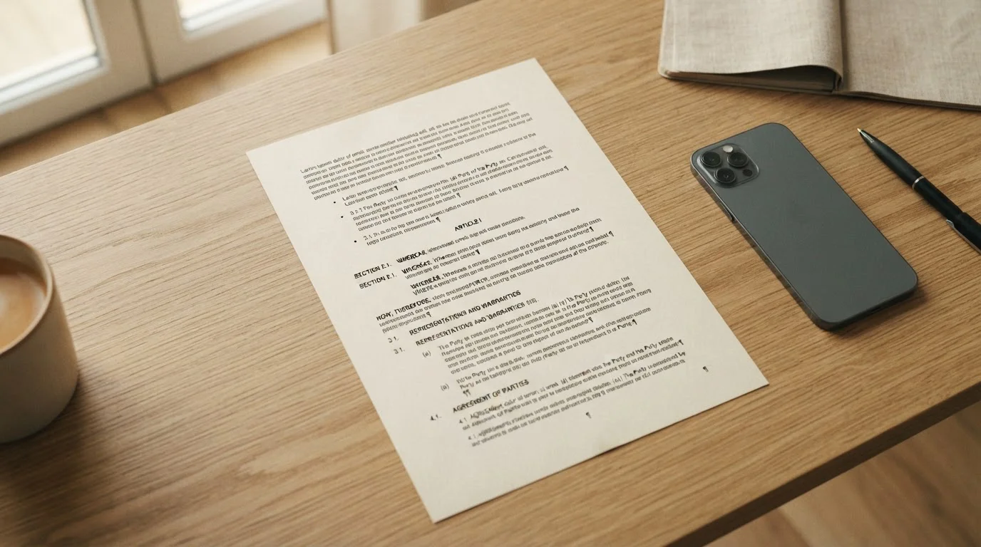 Dokument mit Paragraphen und Gesetzestext auf Schreibtisch neben Smartphone
