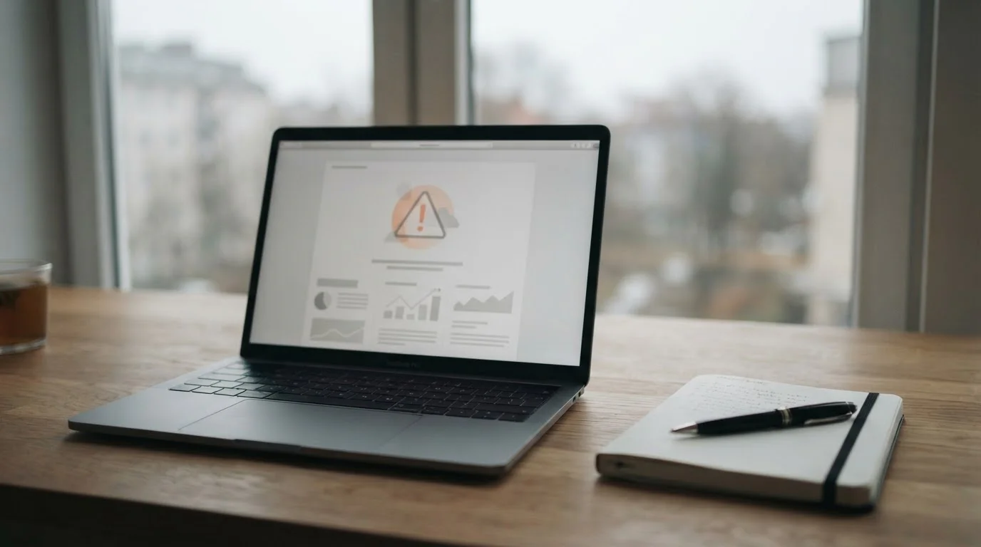 Aufgeklapptes Notebook mit neutraler Infoseite und Warnhinweis-Symbol im Vordergrund