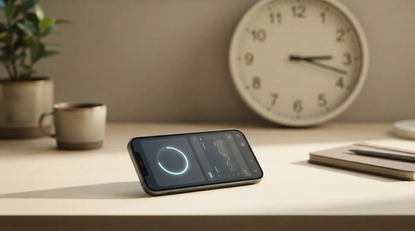 Smartphone zeigt Banking-App mit Echtzeit-Überweisung, Uhr im Hintergrund symbolisiert Geschwindigkeit