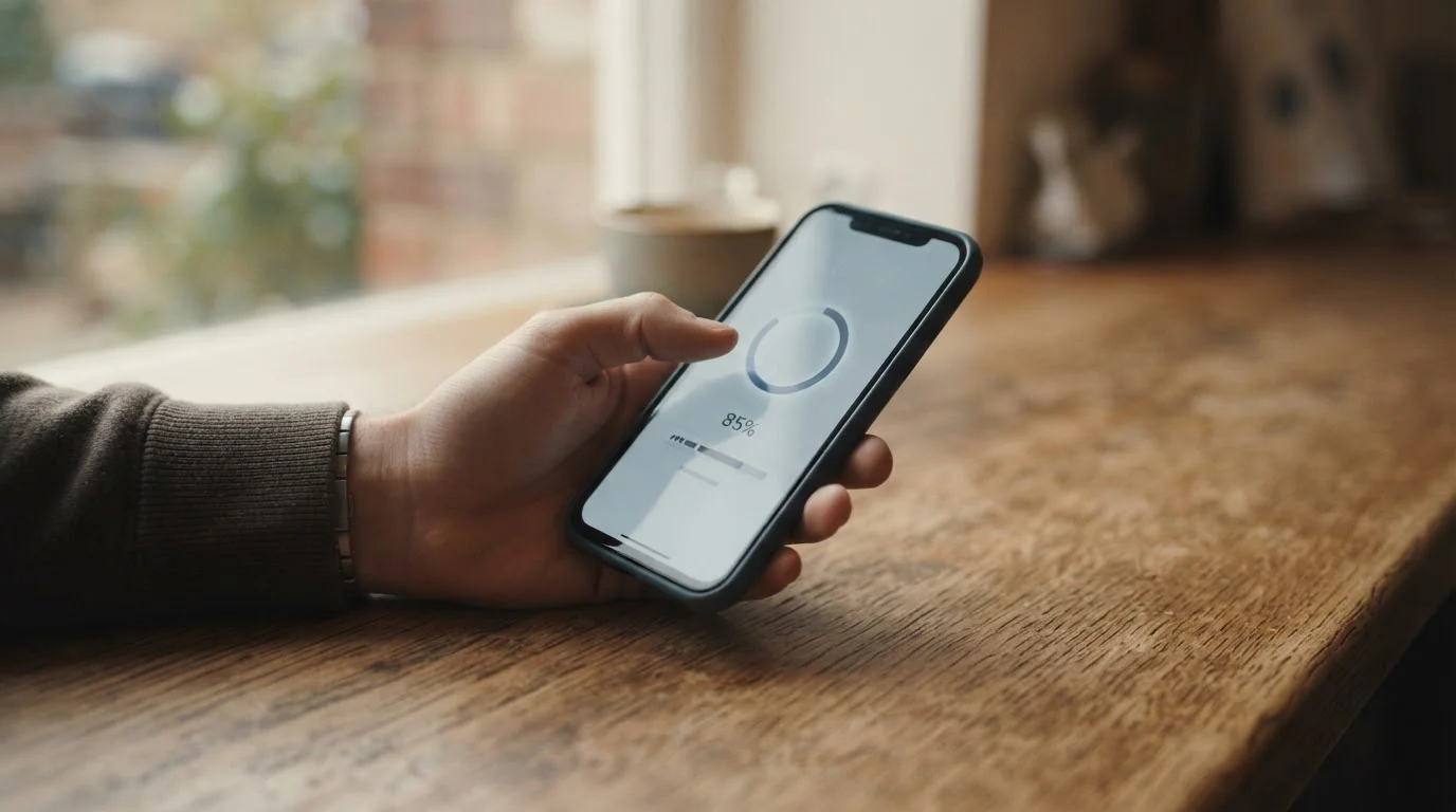 Smartphone mit Zahlungsbildschirm und leerer Prozentanzeige auf Tisch