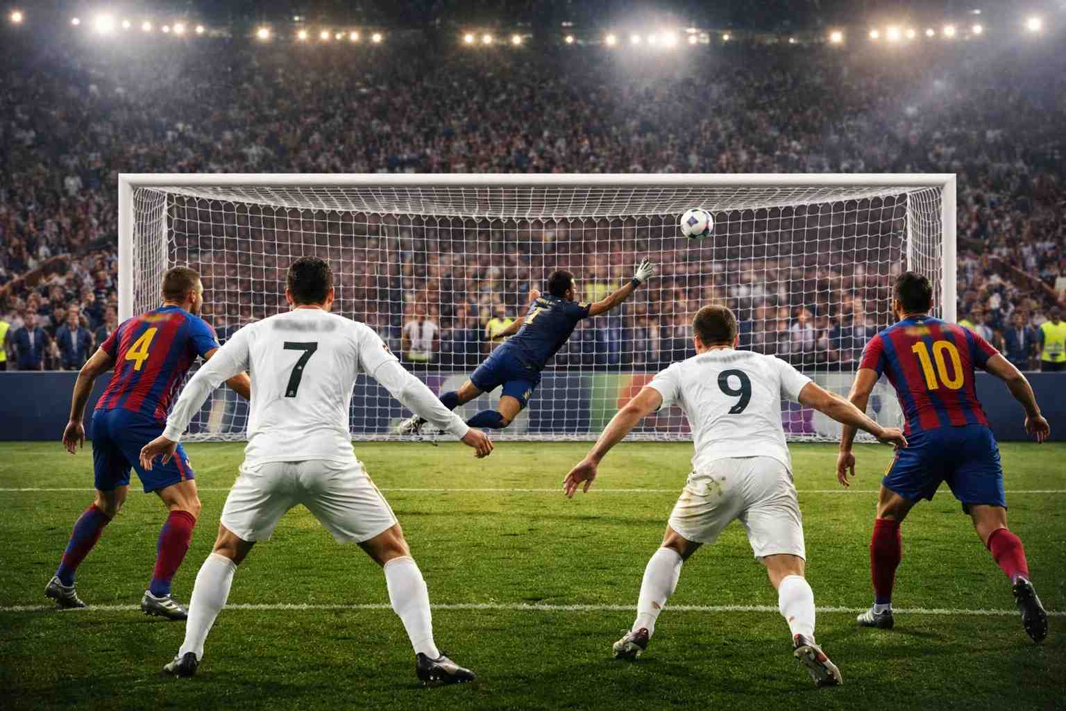 Fußballspieler schießt spätes Tor in dramatischer Stadionatmosphäre bei Flutlicht