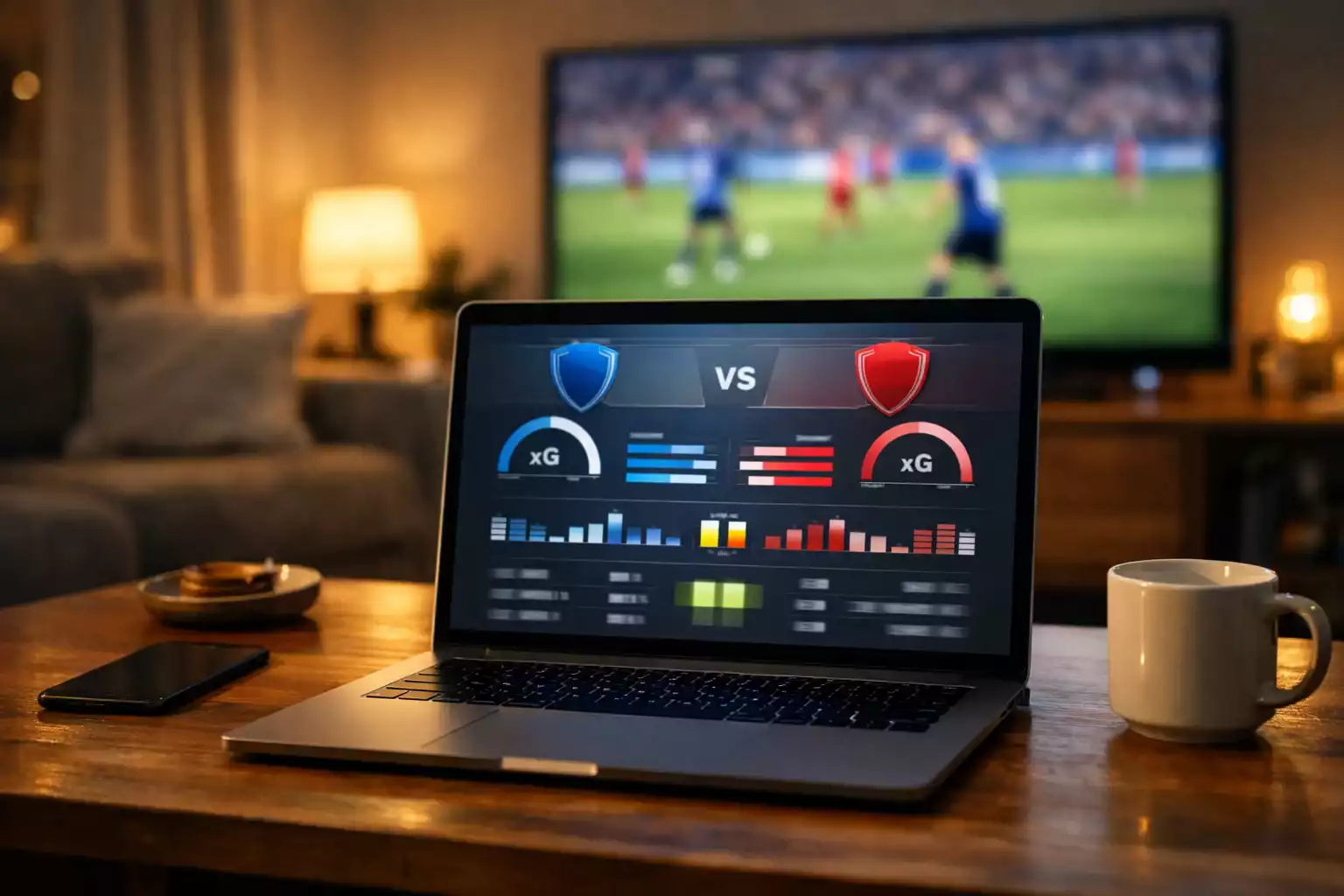 Laptop zeigt Fußball-Spielstatistiken mit Expected Goals Werten