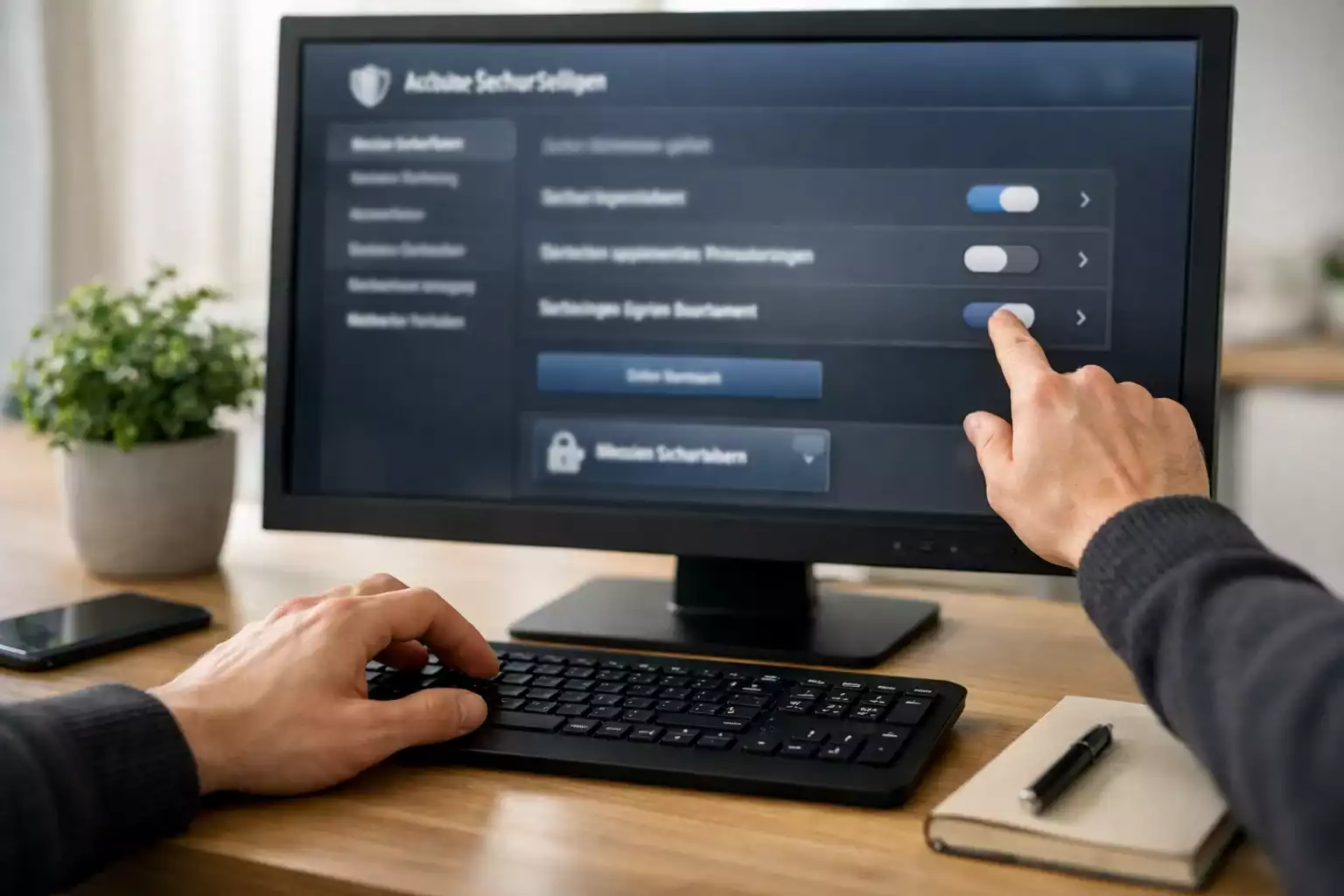Person nutzt bewusst Selbstschutz-Funktionen am Computer