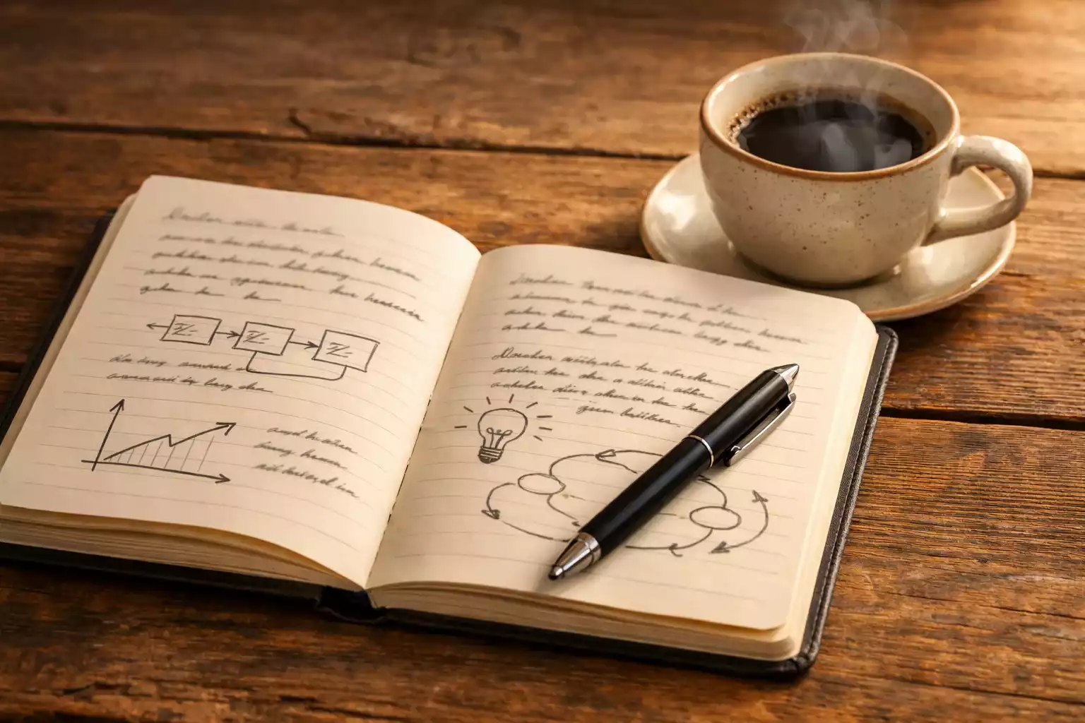 Notizbuch mit handgeschriebenen Wettanalysen neben einer Tasse Kaffee