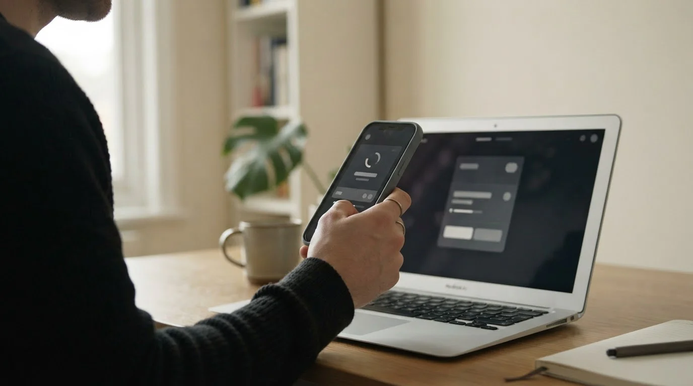 Smartphone in der Hand vor Laptop-Bildschirm während einer Online-Zahlung