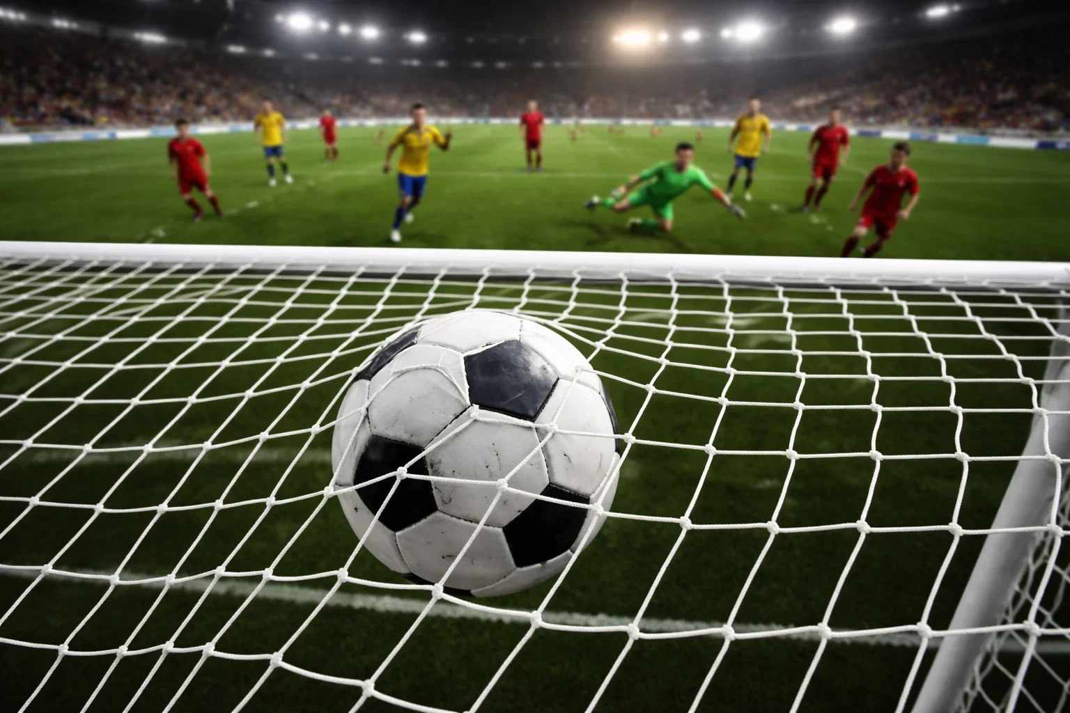 Fußball fliegt ins Tornetz bei einem Profispiel im Stadion