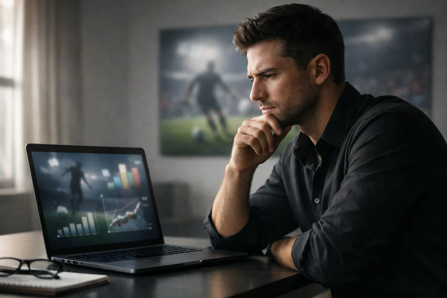 Fokussierter Mann analysiert Fußballstatistiken auf einem Laptop