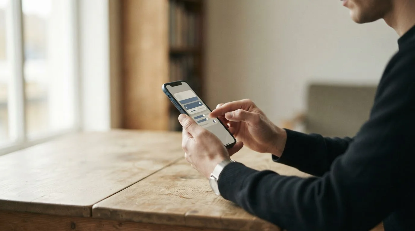 Person setzt Limit in Wett-App auf dem Smartphone, ruhige und besonnene Atmosphäre