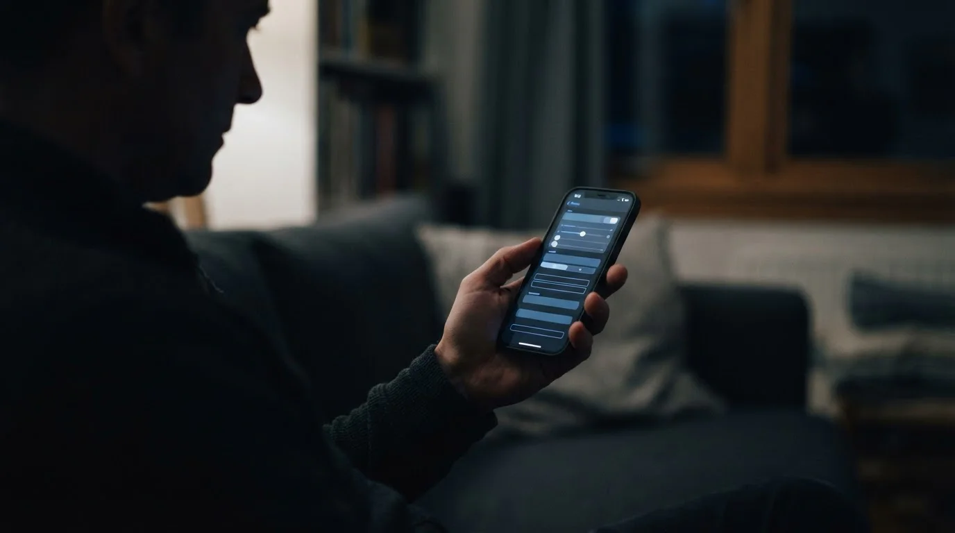 Hand setzt Limit in Wett-App auf Smartphone, ruhige und überlegte Szene