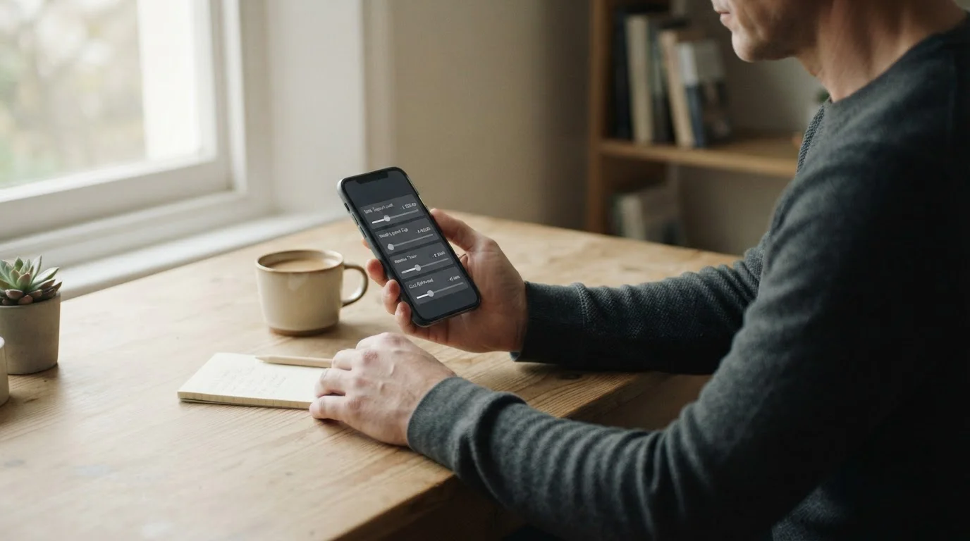 Person stellt auf Smartphone ein Limit ein, ruhige Atmosphäre am Schreibtisch
