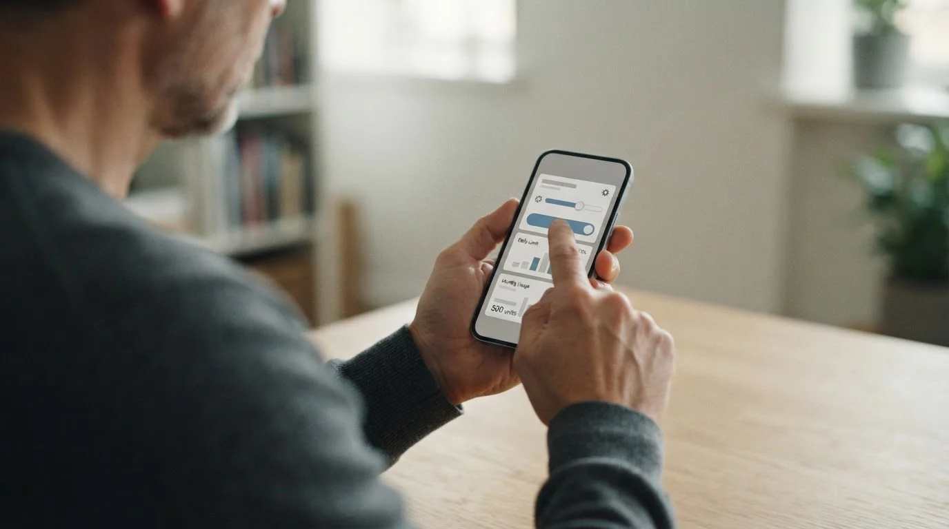 Hand setzt Limit in neutraler Budget-App auf Smartphone