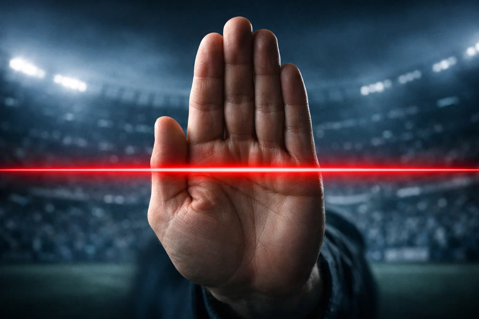 Stoppschild-Symbol vor verschwommenem Sportstadion als Zeichen für Grenzen beim Wetten