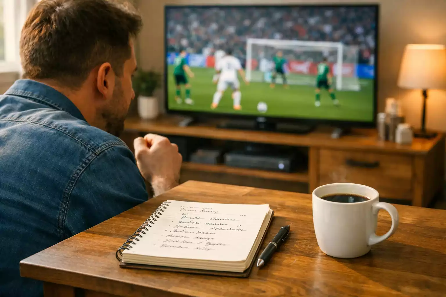 Person führt Wettaufzeichnungen in einem Notizbuch während eines Fußballspiels