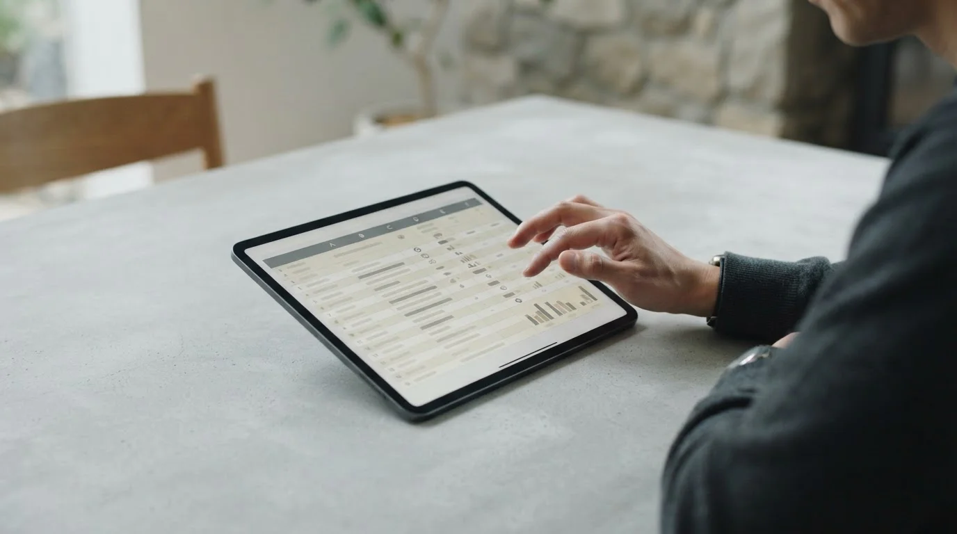 Vergleichstabelle auf Tablet-Bildschirm mit neutralen Zeilen und Spalten