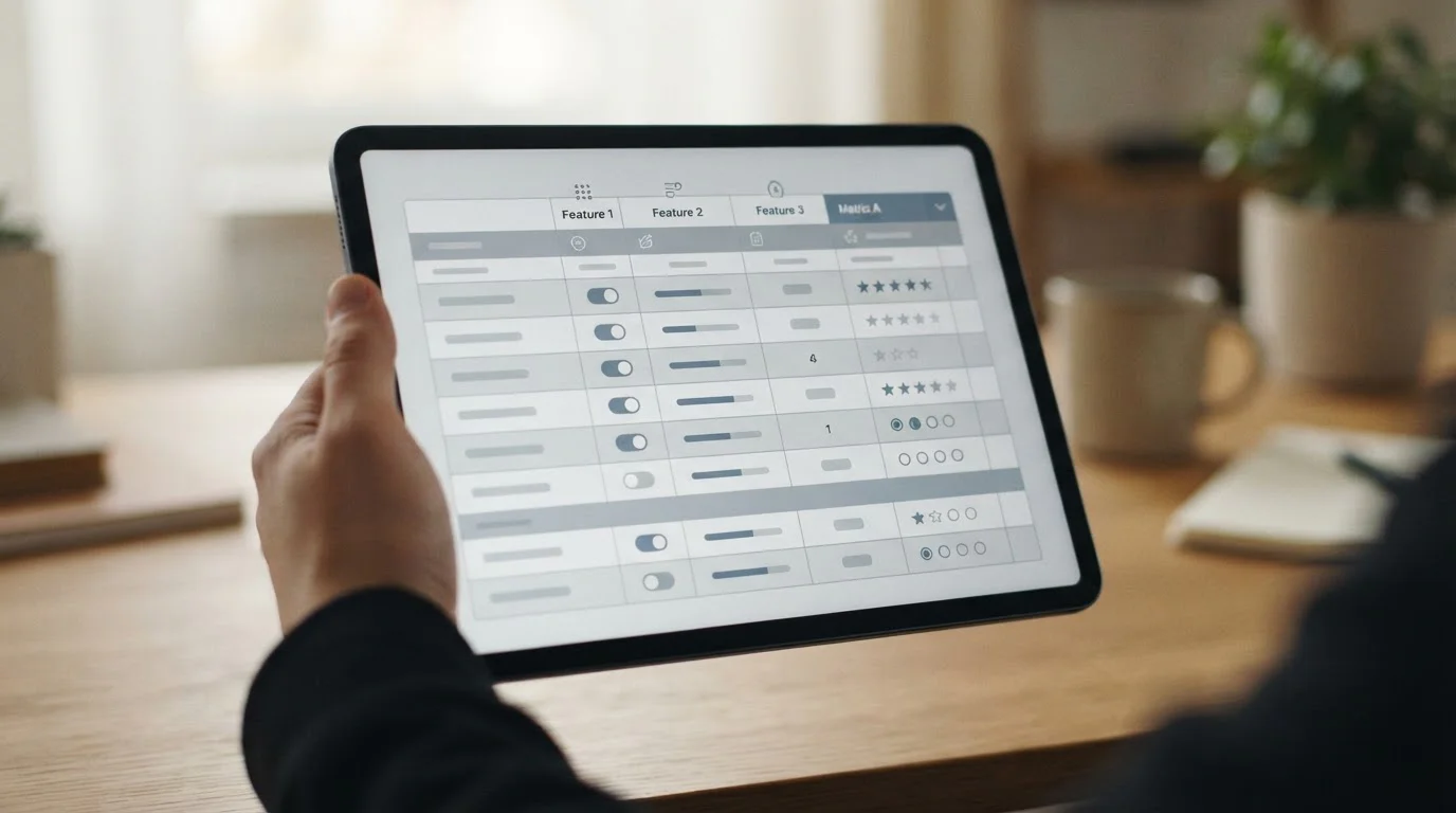 Übersichtliche Tabelle mit anonymisierten Anbietervergleichen auf Tablet-Display