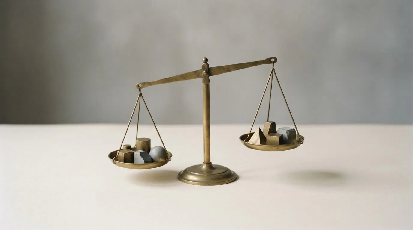 Minimalistische Waage mit symbolischen Gewichten, Kosten und Nutzen im Gleichgewicht