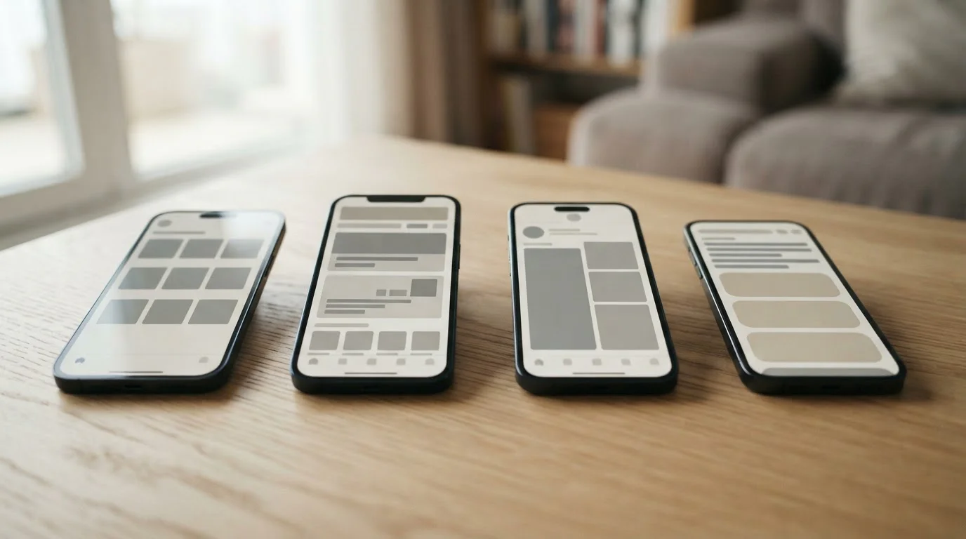 Mehrere Smartphones nebeneinander auf einem Tisch mit verschiedenen App-Oberflächen