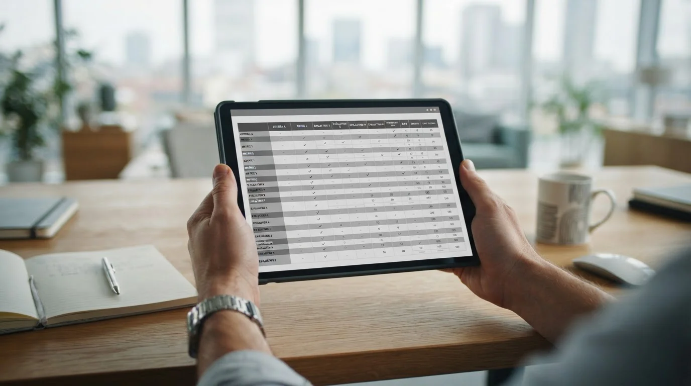 Hände über Tablet mit Vergleichstabelle verschiedener Anbieter und Bewertungskriterien
