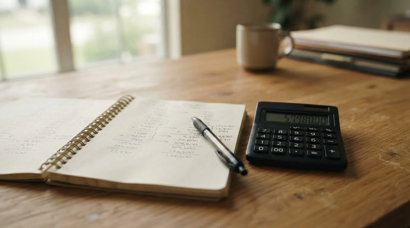 Taschenrechner und Notizblock mit handschriftlichen Berechnungen zur Wettsteuer auf Holztisch