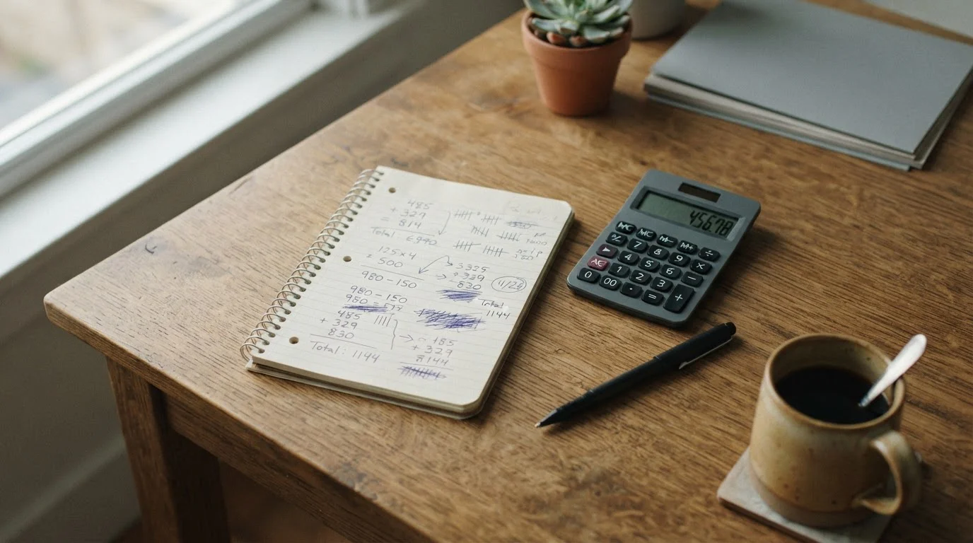 Taschenrechner und Notizbuch mit handschriftlichen Berechnungen auf einem Schreibtisch