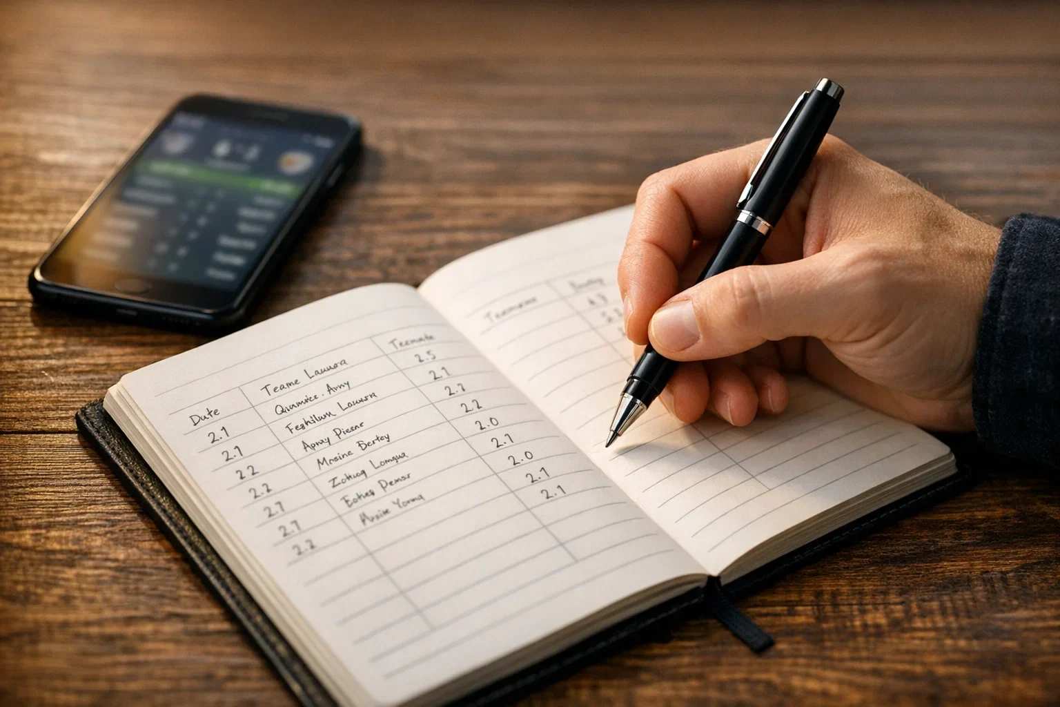 Person dokumentiert Sportwetten in einem Notizbuch mit Stift auf einem Holztisch