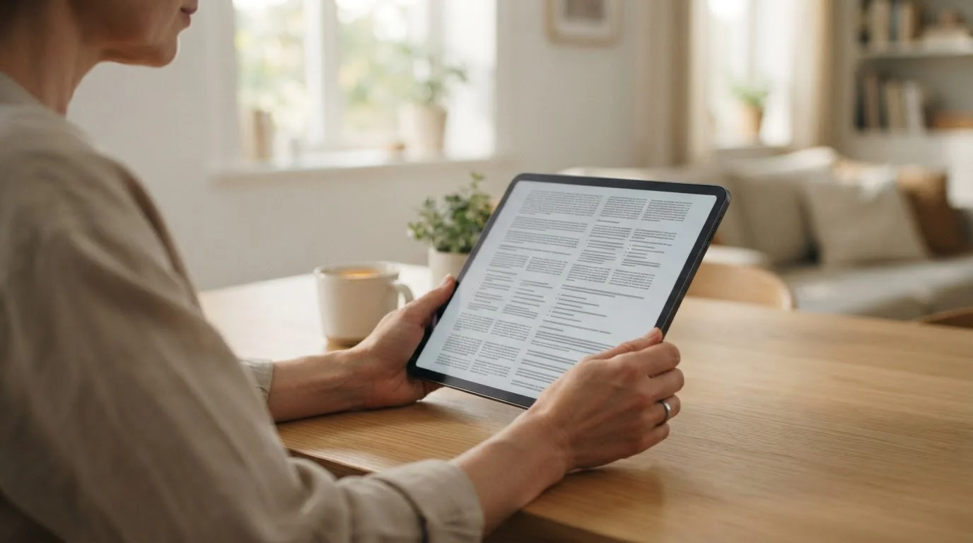 Person liest Geschäftsbedingungen auf einem Tablet