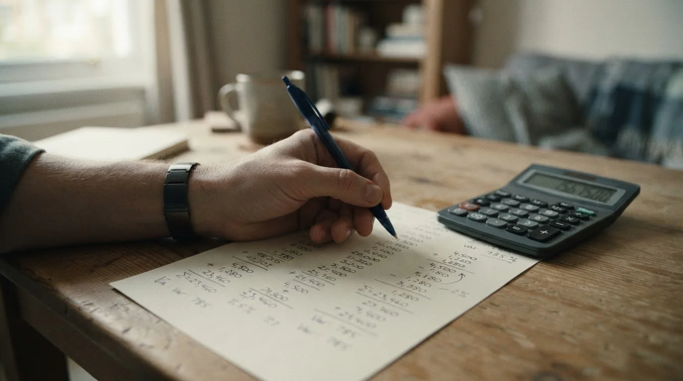 Hand mit Stift kalkuliert Bonusbedingungen auf Papier neben Taschenrechner
